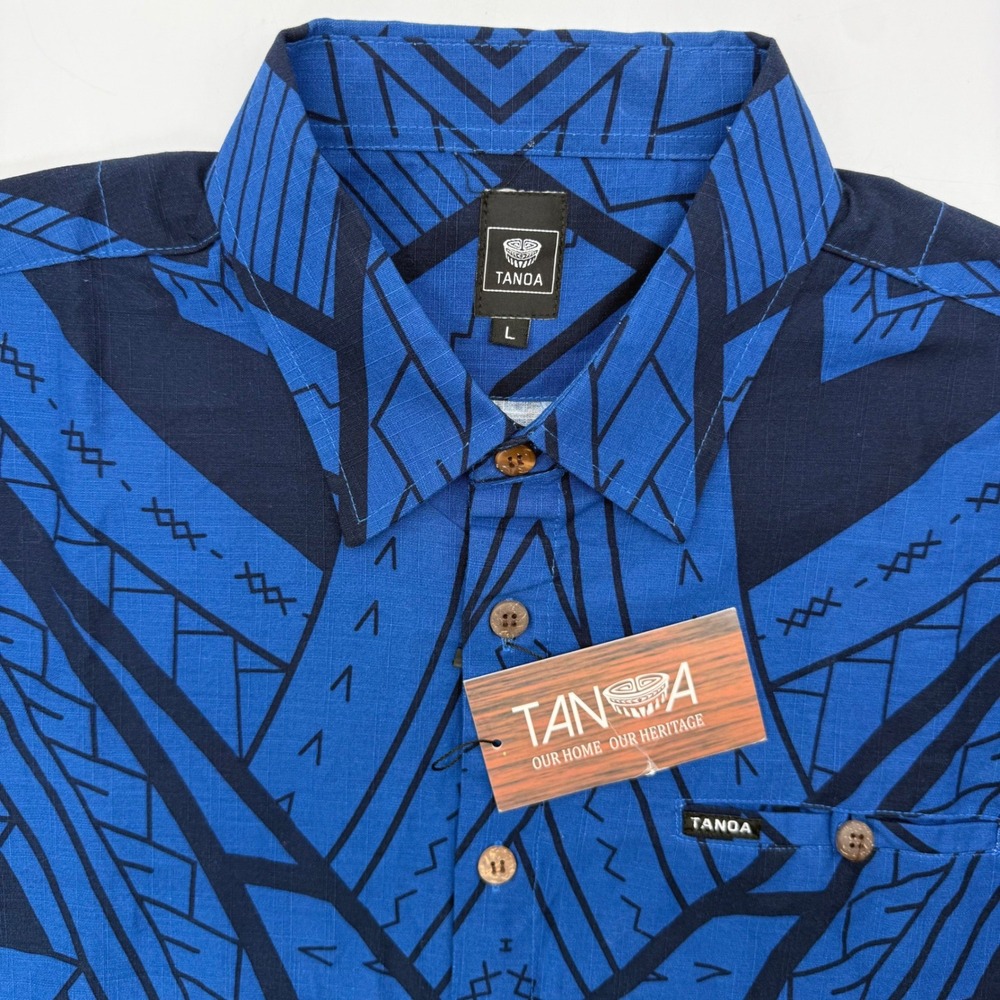 Tanoa Button Down Shirt Mens Large Blue Tribal Polynesian Short Sleeve Cotton